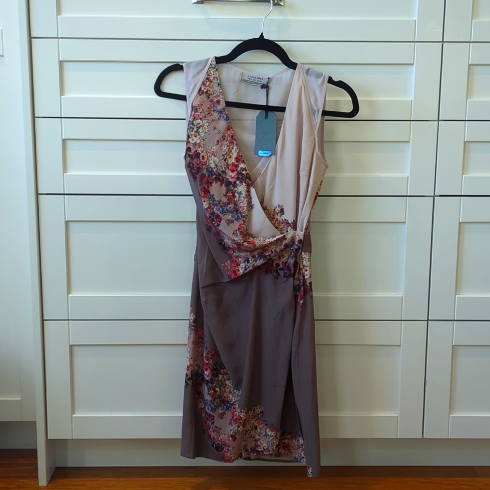 All Saints Antika clement dress in taupe grey floral 100% silk UK 4 / US 0 NWT